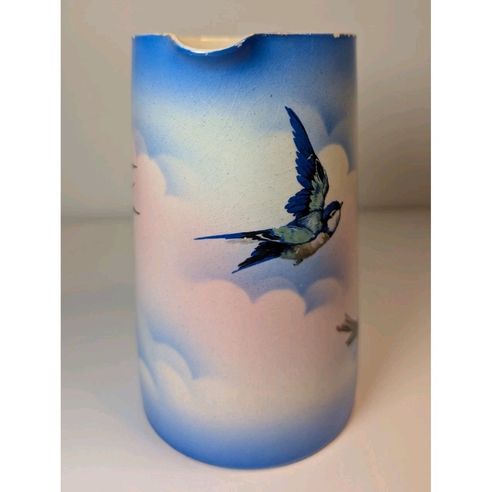 1940 Staffordshire England Blue And White Swallow Grenville Pottery Pitcher Bird - Picture 2 of 9
